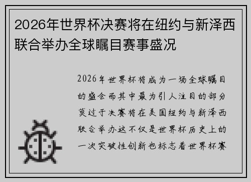 2026年世界杯决赛将在纽约与新泽西联合举办全球瞩目赛事盛况