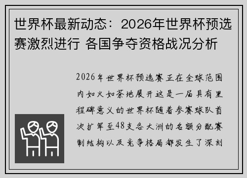 世界杯最新动态：2026年世界杯预选赛激烈进行 各国争夺资格战况分析