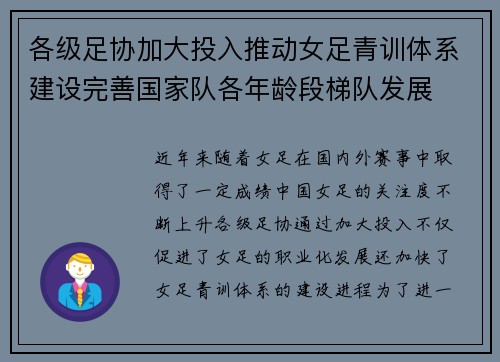 各级足协加大投入推动女足青训体系建设完善国家队各年龄段梯队发展