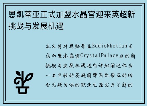 恩凯蒂亚正式加盟水晶宫迎来英超新挑战与发展机遇